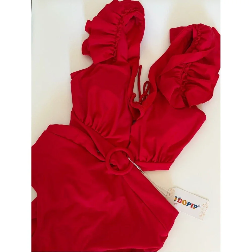 Red Ruffle Shoulder Cutout One-Piece Swimsuit NEW Medium